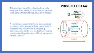 This emphasis the effect of radius & cannula
length on flow. Hence, its advisable to use short,
wide-bore catheters for rapid IV administration.
A central venous cannula should be considered
in patients with persistent shock, particularly if
they requiring the infusion of drugs (e.g
catecholamine, cardiovasc medication, multiple
infusion) beside patient with difficult peripheral
venous cannula
 