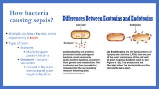 How bacteria
causing sepsis?
• Multiple virulence factors, most
importantly is toxin
• Type of toxin
• Exotoxins
• Mainly by gram
positive bacteria
• Endotoxin – lipo-poly-
saccharides
• Present in the outer
membrane of gram
negative bacteria
 