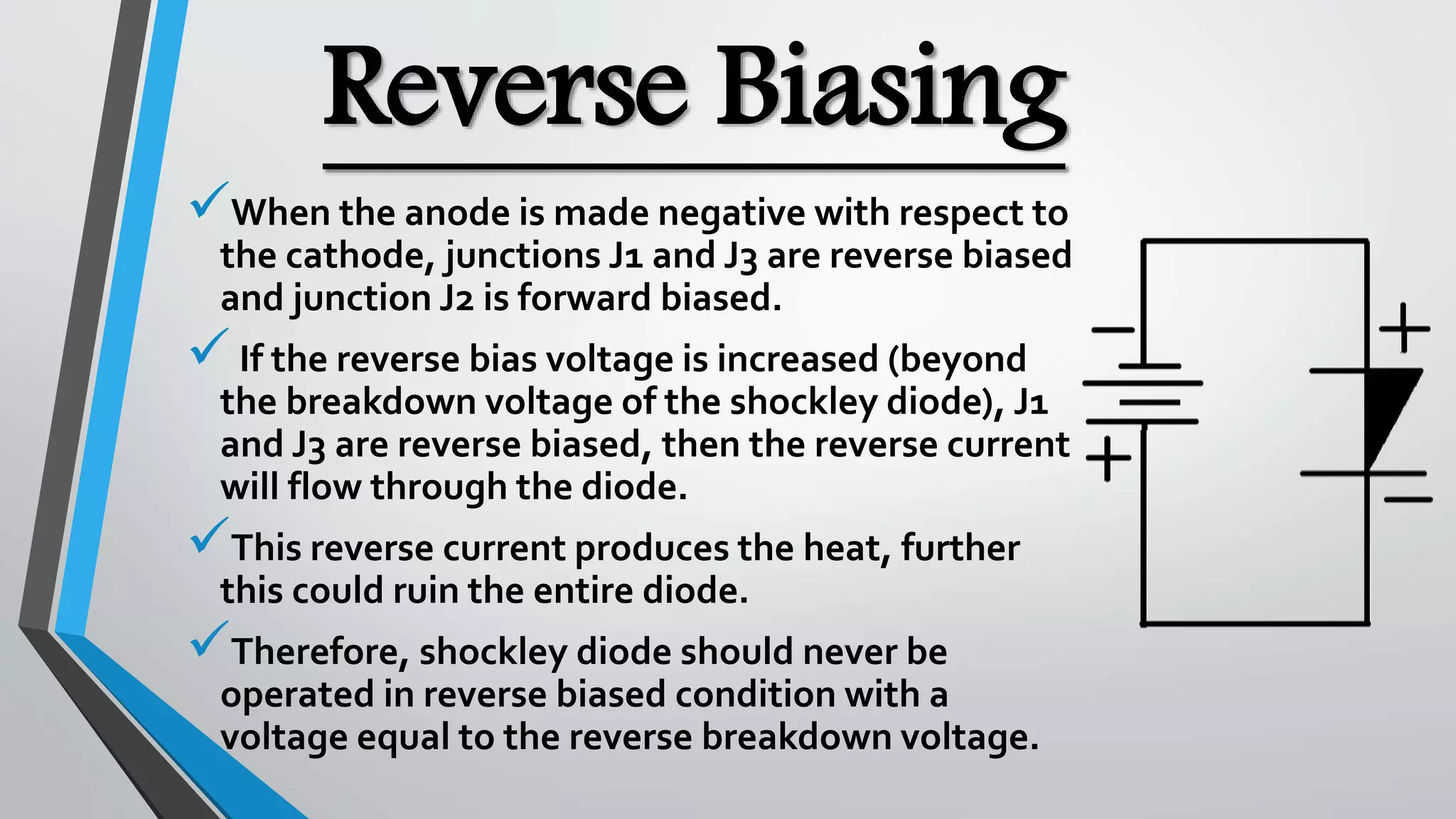 Reverse Biasing
When the anode is made negative with respect to
the cathode, junctions J1 and J3 are reverse biased
and junction J2 is forward biased.
If the reverse bias voltage is increased (beyond
the breakdown voltage of the shockley diode), J1
and J3 are reverse biased, then the reverse current
will flow through the diode.
This reverse current produces the heat, further
this could ruin the entire diode.
Therefore, shockley diode should never be
operated in reverse biased condition with a
voltage equal to the reverse breakdown voltage.
 