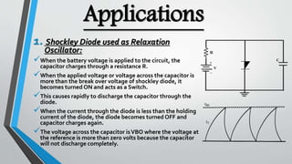 Applications
1. Shockley Diode used as Relaxation
Oscillator:
When the battery voltage is applied to the circuit, the
capacitor charges through a resistance R.
When the applied voltage or voltage across the capacitor is
more than the break over voltage of shockley diode, it
becomes turned ON and acts as a Switch.
This causes rapidly to discharge the capacitor through the
diode.
When the current through the diode is less than the holding
current of the diode, the diode becomes turned OFF and
capacitor charges again.
The voltage across the capacitor isVBO where the voltage at
the reference is more than zero volts because the capacitor
will not discharge completely.
 