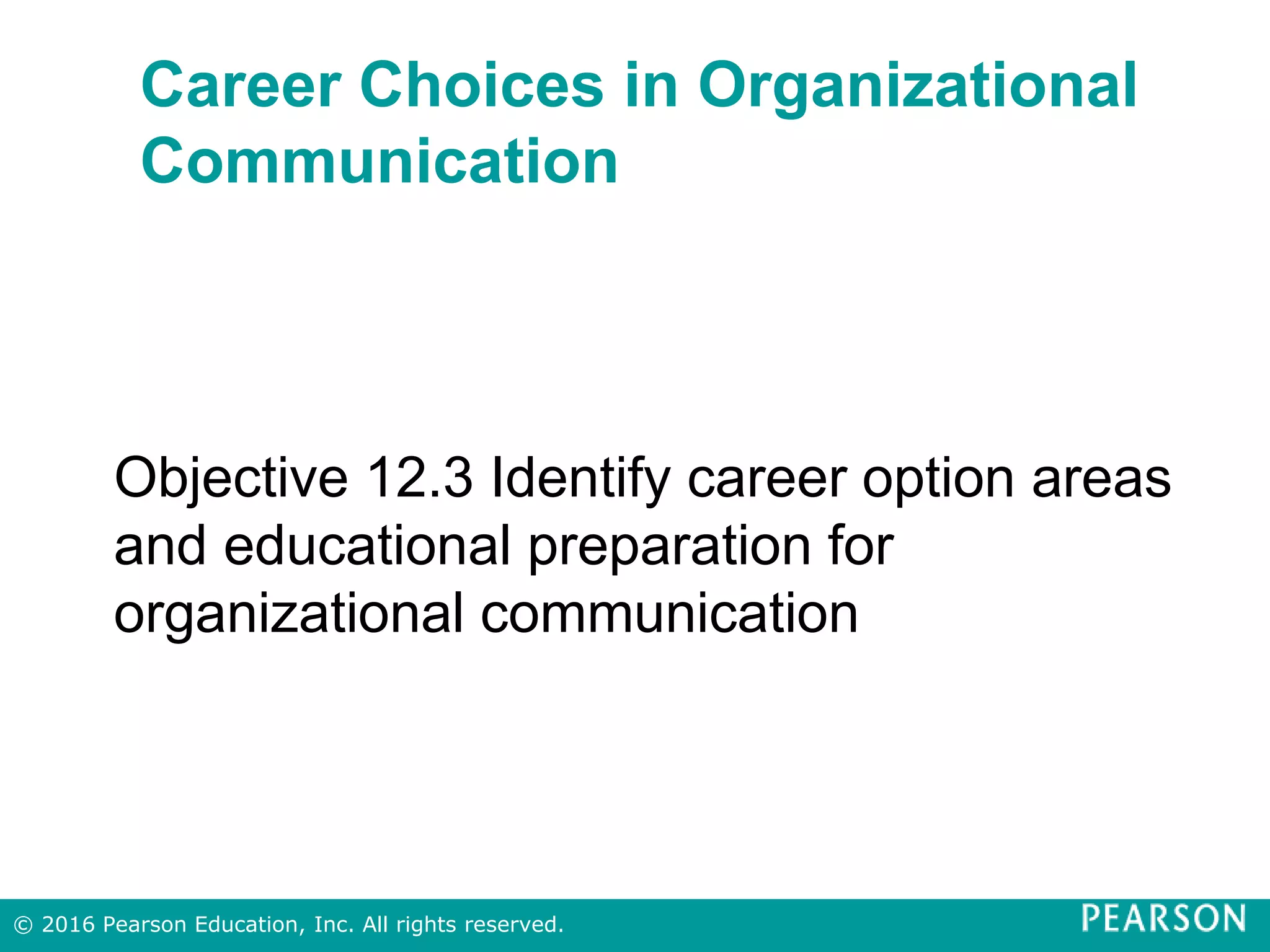 Career Choices in Organizational
Communication
Objective 12.3 Identify career option areas
and educational preparation for
organizational communication
© 2016 Pearson Education, Inc. All rights reserved.
 