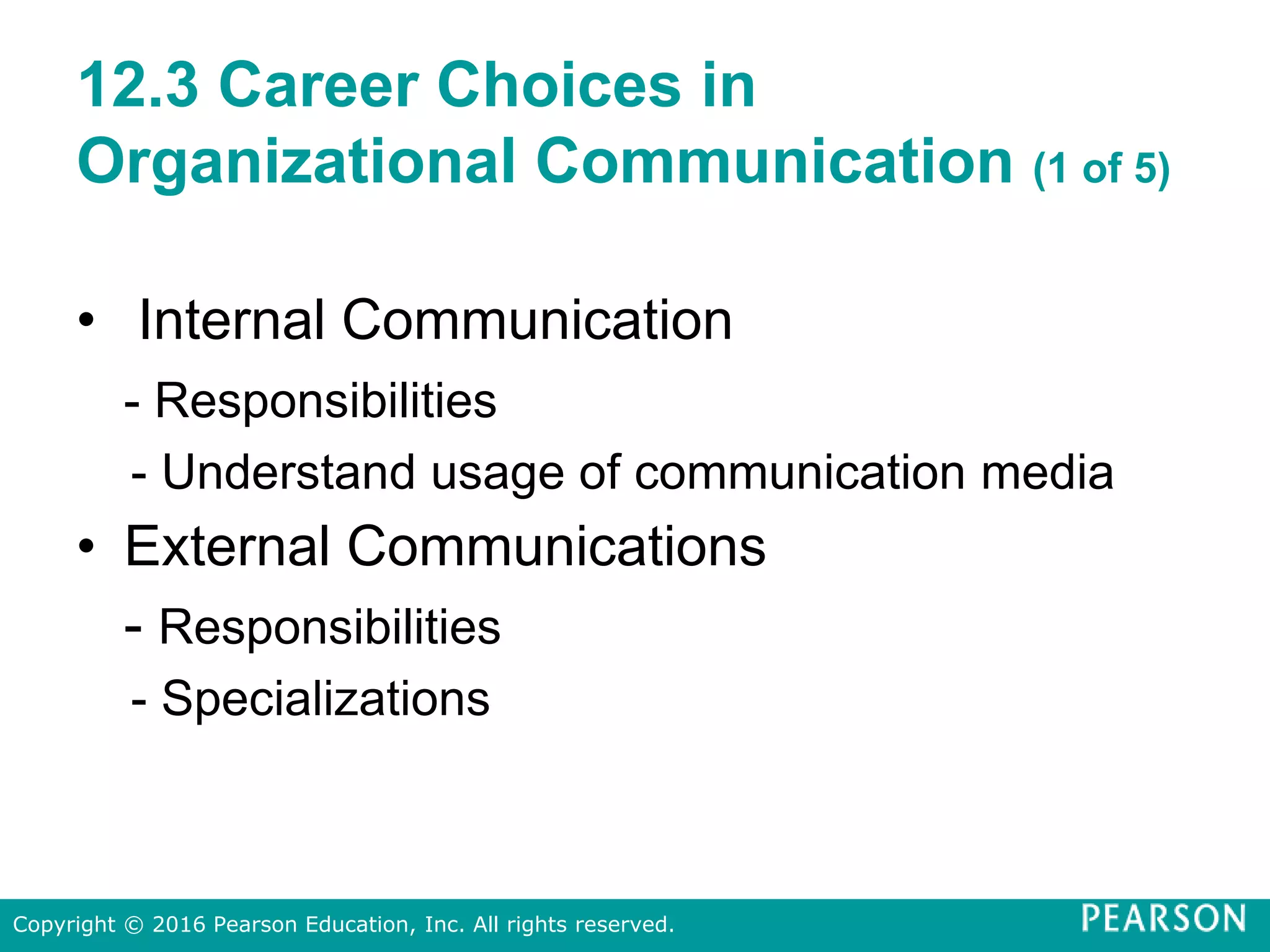 12.3 Career Choices in
Organizational Communication (1 of 5)
• Internal Communication
- Responsibilities
- Understand usage of communication media
• External Communications
- Responsibilities
- Specializations
Copyright © 2016 Pearson Education, Inc. All rights reserved.
 