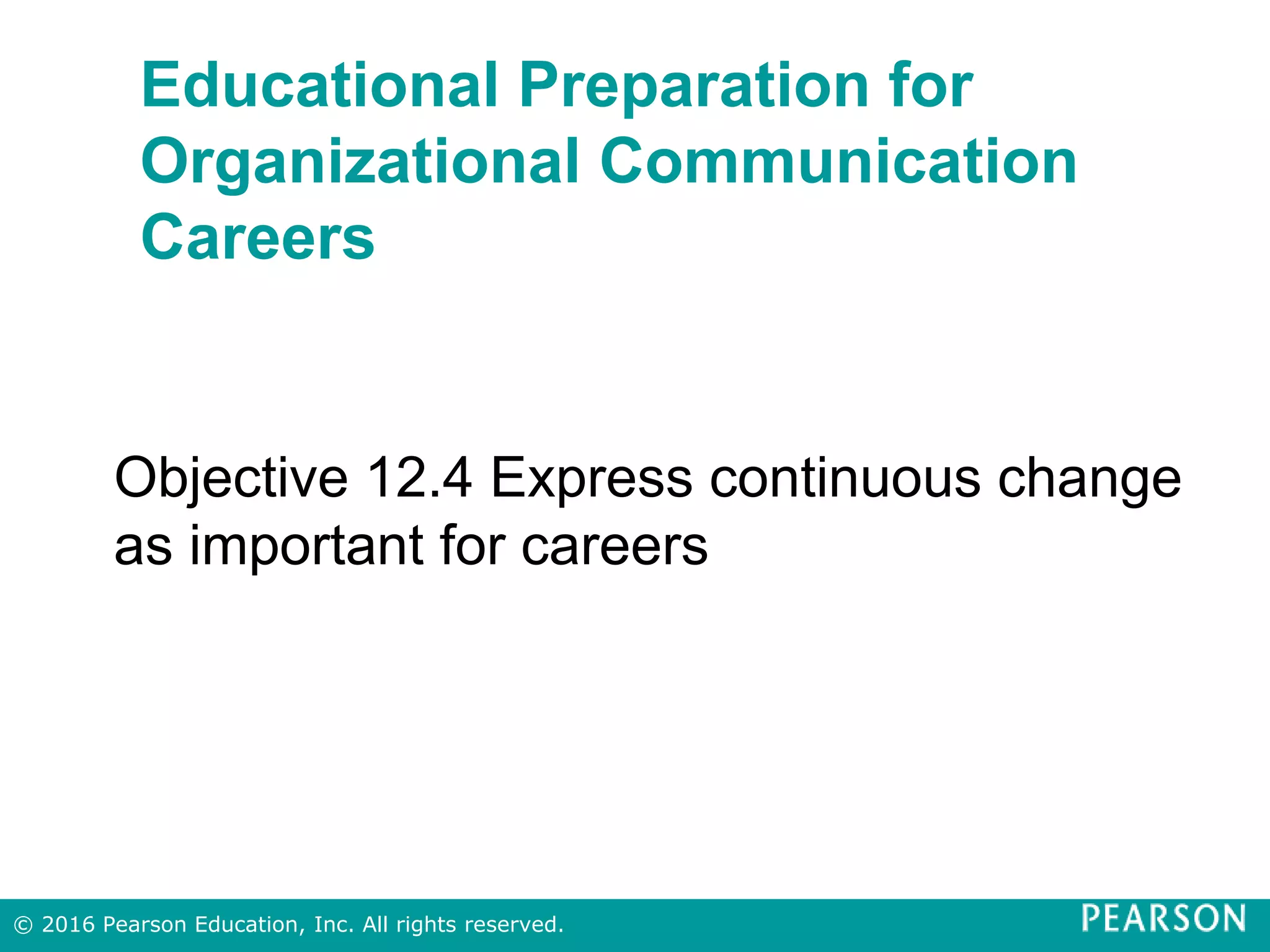 Educational Preparation for
Organizational Communication
Careers
Objective 12.4 Express continuous change
as important for careers
© 2016 Pearson Education, Inc. All rights reserved.
 