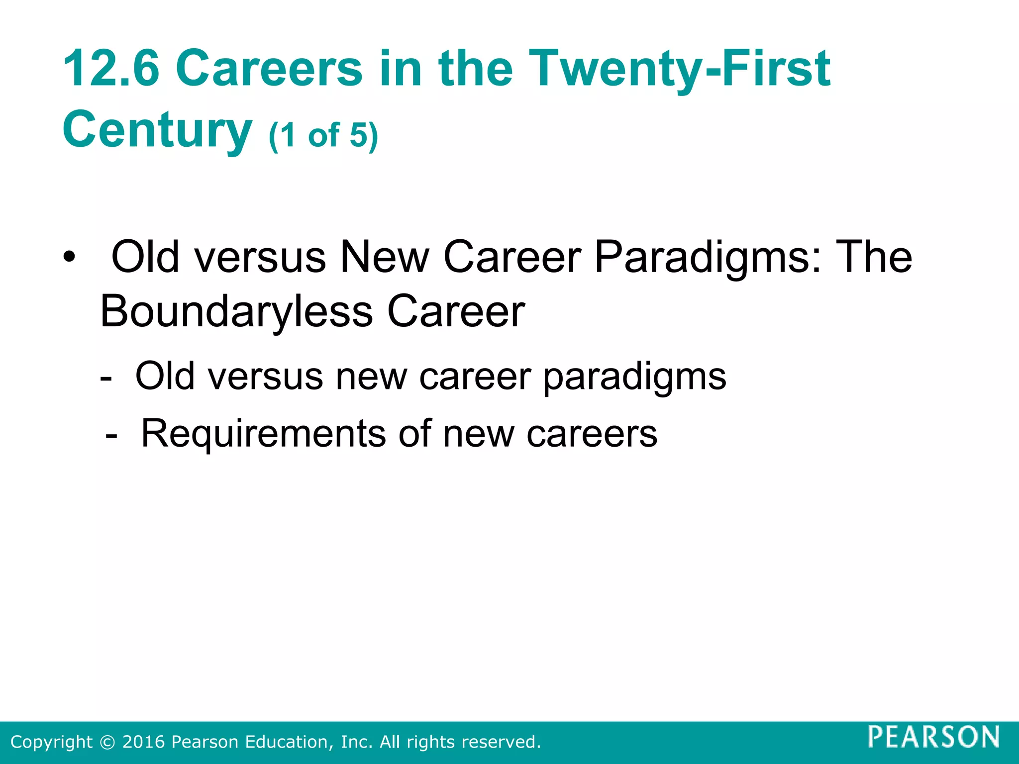 12.6 Careers in the Twenty-First
Century (1 of 5)
• Old versus New Career Paradigms: The
Boundaryless Career
- Old versus new career paradigms
- Requirements of new careers
Copyright © 2016 Pearson Education, Inc. All rights reserved.
 