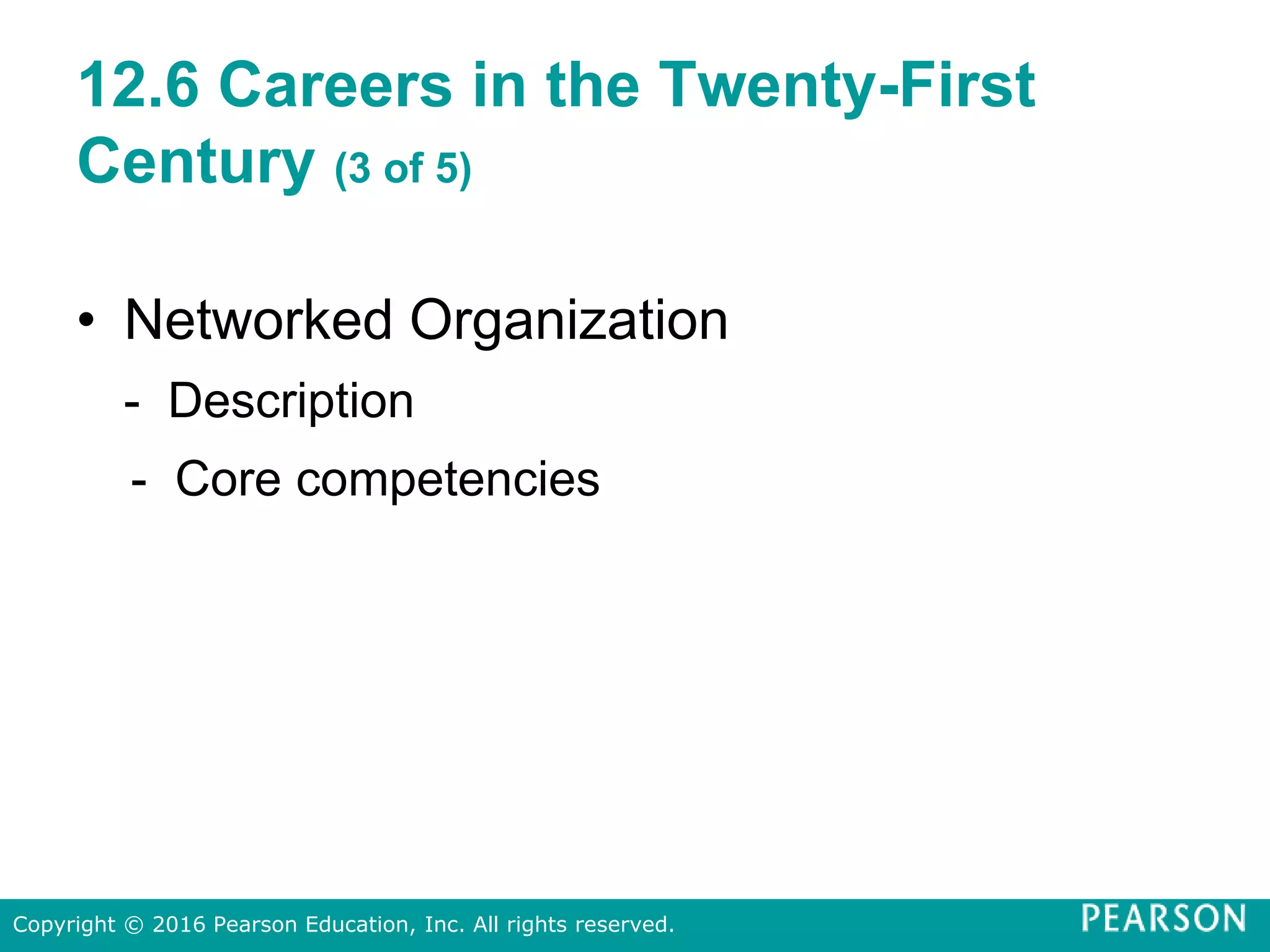 12.6 Careers in the Twenty-First
Century (3 of 5)
• Networked Organization
- Description
- Core competencies
Copyright © 2016 Pearson Education, Inc. All rights reserved.
 