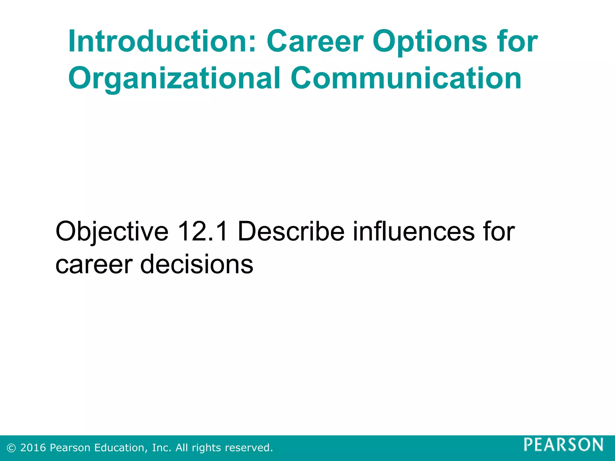Introduction: Career Options for
Organizational Communication
Objective 12.1 Describe influences for
career decisions
© 2016 Pearson Education, Inc. All rights reserved.
 