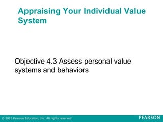 Appraising Your Individual Value
System
Objective 4.3 Assess personal value
systems and behaviors
© 2016 Pearson Education, Inc. All rights reserved.
 