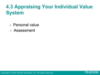 4.3 Appraising Your Individual Value
System
- Personal value
- Assessment
Copyright © 2016 Pearson Education, Inc. All rights reserved.
 