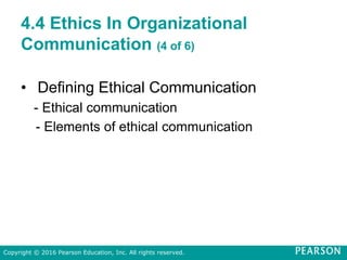 4.4 Ethics In Organizational
Communication (4 of 6)
• Defining Ethical Communication
- Ethical communication
- Elements of ethical communication
Copyright © 2016 Pearson Education, Inc. All rights reserved.
 