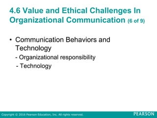 4.6 Value and Ethical Challenges In
Organizational Communication (6 of 9)
• Communication Behaviors and
Technology
- Organizational responsibility
- Technology
Copyright © 2016 Pearson Education, Inc. All rights reserved.
 