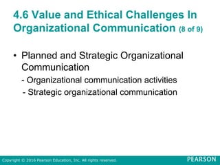 4.6 Value and Ethical Challenges In
Organizational Communication (8 of 9)
• Planned and Strategic Organizational
Communication
- Organizational communication activities
- Strategic organizational communication
Copyright © 2016 Pearson Education, Inc. All rights reserved.
 