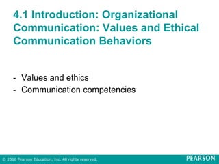 4.1 Introduction: Organizational
Communication: Values and Ethical
Communication Behaviors
- Values and ethics
- Communication competencies
© 2016 Pearson Education, Inc. All rights reserved.
 