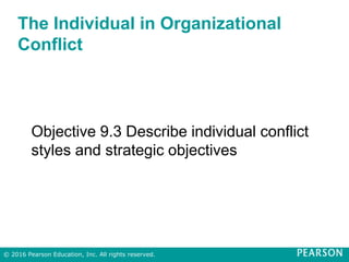 The Individual in Organizational
Conflict
Objective 9.3 Describe individual conflict
styles and strategic objectives
© 2016 Pearson Education, Inc. All rights reserved.
 