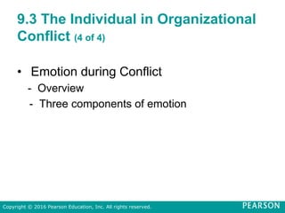 9.3 The Individual in Organizational
Conflict (4 of 4)
• Emotion during Conflict
- Overview
- Three components of emotion
Copyright © 2016 Pearson Education, Inc. All rights reserved.
 