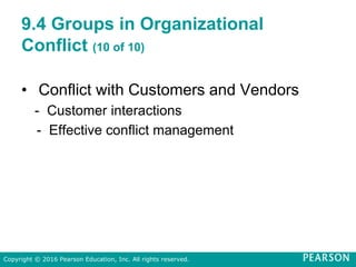 9.4 Groups in Organizational
Conflict (10 of 10)
• Conflict with Customers and Vendors
- Customer interactions
- Effective conflict management
Copyright © 2016 Pearson Education, Inc. All rights reserved.
 