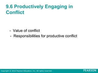 9.6 Productively Engaging in
Conflict
- Value of conflict
- Responsibilities for productive conflict
Copyright © 2016 Pearson Education, Inc. All rights reserved.
 