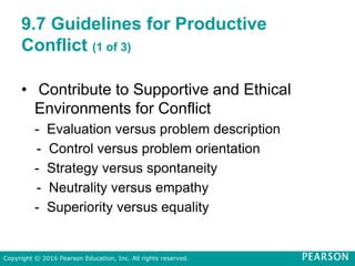 9.7 Guidelines for Productive
Conflict (1 of 3)
• Contribute to Supportive and Ethical
Environments for Conflict
- Evaluation versus problem description
- Control versus problem orientation
- Strategy versus spontaneity
- Neutrality versus empathy
- Superiority versus equality
Copyright © 2016 Pearson Education, Inc. All rights reserved.
 