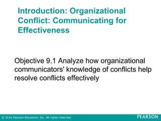 Introduction: Organizational
Conflict: Communicating for
Effectiveness
Objective 9.1 Analyze how organizational
communicators' knowledge of conflicts help
resolve conflicts effectively
© 2016 Pearson Education, Inc. All rights reserved.
 
