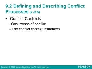 9.2 Defining and Describing Conflict
Processes (2 of 5)
• Conflict Contexts
- Occurrence of conflict
- The conflict context influences
Copyright © 2016 Pearson Education, Inc. All rights reserved.
 