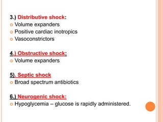 3.) Distributive shock:
 Volume expanders
 Positive cardiac inotropics
 Vasoconstrictors
4.) Obstructive shock:
 Volume expanders
5). Septic shock
 Broad spectrum antibiotics
6.) Neurogenic shock:
 Hypoglycemia – glucose is rapidly administered.
 