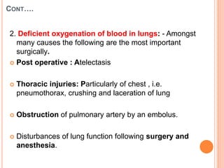 CONT….
2. Deficient oxygenation of blood in lungs: - Amongst
many causes the following are the most important
surgically.
 Post operative : Atelectasis
 Thoracic injuries: Particularly of chest , i.e.
pneumothorax, crushing and laceration of lung
 Obstruction of pulmonary artery by an embolus.
 Disturbances of lung function following surgery and
anesthesia.
 