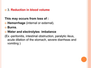  3. Reduction in blood volume
This may occurs from loss of :
 Hemorrhage (internal or external).
 Burns.
 Water and electrolytes imbalance
(Ex -peritonitis, intestinal obstruction, paralytic ileus,
acute dilation of the stomach, severe diarrheas and
vomiting )
 