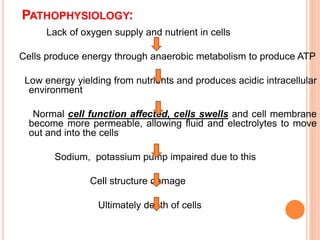 PATHOPHYSIOLOGY:
Lack of oxygen supply and nutrient in cells
Cells produce energy through anaerobic metabolism to produce ATP
Low energy yielding from nutrients and produces acidic intracellular
environment
Normal cell function affected, cells swells and cell membrane
become more permeable, allowing fluid and electrolytes to move
out and into the cells
Sodium, potassium pump impaired due to this
Cell structure damage
Ultimately death of cells
 