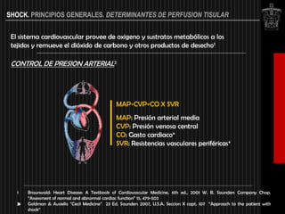 SHOCK. PRINCIPIOS GENERALES. DETERMINANTES DE PERFUSION TISULAR


 El sistema cardiovascular provee de oxigeno y sustratos metabólicos a los
 tejidos y remueve el dióxido de carbono y otros productos de desecho1

 CONTROL DE PRESION ARTERIAL2




                                                MAP-CVP=CO X SVR
                                                MAP: Presión arterial media
                                                CVP: Presión venosa central
                                                CO: Gasto cardiaco*
                                                SVR: Resistencias vasculares periféricas*




   1   Braunwald: Heart Disease: A Textbook of Cardiovascular Medicine, 6th ed., 2001 W. B. Saunders Company Chap.
       “Assessment of normal and abnormal cardiac function” 15, 479-503
   2   Goldman & Ausiello “Cecil Medicine” 23 Ed. Saunders 2007, U.S.A. Seccion X capt. 107 “Approach to the patient with
       shock”
 