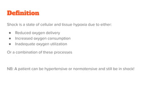 Deﬁnition
Shock is a state of cellular and tissue hypoxia due to either:
● Reduced oxygen delivery
● Increased oxygen consumption
● Inadequate oxygen utilization
Or a combination of these processes
NB: A patient can be hypertensive or normotensive and still be in shock!
 