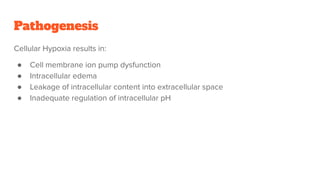 Pathogenesis
Cellular Hypoxia results in:
● Cell membrane ion pump dysfunction
● Intracellular edema
● Leakage of intracellular content into extracellular space
● Inadequate regulation of intracellular pH
 