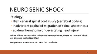 NEUROGENIC SHOCK
Etiology:
◦ High cervical spinal cord injury (vertebral body #)
◦ inadvertent cephalad migration of spinal anaesthesia
◦ epidural hematoma or devastating head injury
Failure of fluid resuscitation to improve hemodynamics, where no source of blood
loss or sepsis can be identified
Vasopressors are necessary to treat this condition
18
 