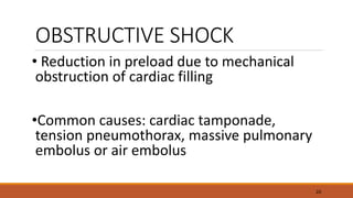 OBSTRUCTIVE SHOCK
• Reduction in preload due to mechanical
obstruction of cardiac filling
•Common causes: cardiac tamponade,
tension pneumothorax, massive pulmonary
embolus or air embolus
20
 