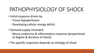 PATHOPHYSIOLOGY OF SHOCK
• Initial response driven by
• Tissue hypoperfusion
• Developing cellular energy deficit.
• Demand-supply mismatch
• Neuro-endocrine & inflammatory response (proportional
to degree & duration of shock)
• The specific responses depends on etiology of shock
21
 