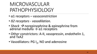 MICROVASCULAR
PATHOPHYSIOLOGY
• α1 receptors – vasoconstriction
• ẞ2 receptors - vasodilation.
• Shock  norepinephrine & epinephrine from
adrenal medulla → α1 receptors
• Other constrictors: A-II, vasopressin, endothelin 1,
and TxA2
• Vasodilators: PG I2, NO and adenosine
28
 
