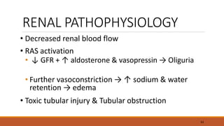 RENAL PATHOPHYSIOLOGY
• Decreased renal blood flow
• RAS activation
• ↓ GFR + ↑ aldosterone & vasopressin → Oliguria
• Further vasoconstriction → ↑ sodium & water
retention → edema
• Toxic tubular injury & Tubular obstruction
33
 