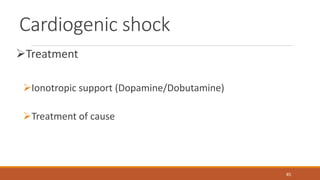 Cardiogenic shock
Treatment
Ionotropic support (Dopamine/Dobutamine)
Treatment of cause
85
 