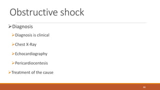 Obstructive shock
Diagnosis
Diagnosis is clinical
Chest X-Ray
Echocardiography
Pericardiocentesis
Treatment of the cause
88
 