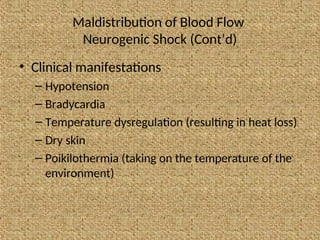 Maldistribution of Blood Flow
Neurogenic Shock (Cont’d)
• Clinical manifestations
– Hypotension
– Bradycardia
– Temperature dysregulation (resulting in heat loss)
– Dry skin
– Poikilothermia (taking on the temperature of the
environment)
 
