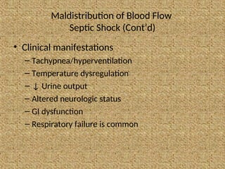 Maldistribution of Blood Flow
Septic Shock (Cont’d)
• Clinical manifestations
– Tachypnea/hyperventilation
– Temperature dysregulation
– ↓ Urine output
– Altered neurologic status
– GI dysfunction
– Respiratory failure is common
 