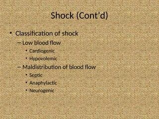 Shock (Cont’d)
• Classification of shock
– Low blood flow
• Cardiogenic
• Hypovolemic
– Maldistribution of blood flow
• Septic
• Anaphylactic
• Neurogenic
 