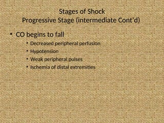 Stages of Shock
Progressive Stage (intermediate Cont’d)
• CO begins to fall
• Decreased peripheral perfusion
• Hypotension
• Weak peripheral pulses
• Ischemia of distal extremities
 