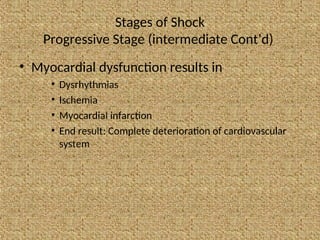 Stages of Shock
Progressive Stage (intermediate Cont’d)
• Myocardial dysfunction results in
• Dysrhythmias
• Ischemia
• Myocardial infarction
• End result: Complete deterioration of cardiovascular
system
 