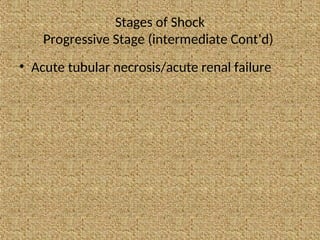 Stages of Shock
Progressive Stage (intermediate Cont’d)
• Acute tubular necrosis/acute renal failure
 