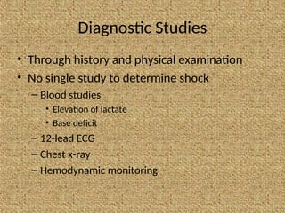 Diagnostic Studies
• Through history and physical examination
• No single study to determine shock
– Blood studies
• Elevation of lactate
• Base deficit
– 12-lead ECG
– Chest x-ray
– Hemodynamic monitoring
 