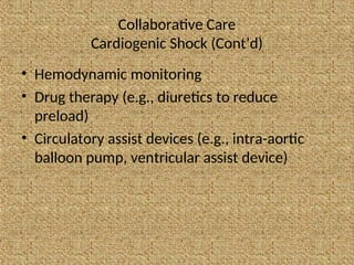 Collaborative Care
Cardiogenic Shock (Cont’d)
• Hemodynamic monitoring
• Drug therapy (e.g., diuretics to reduce
preload)
• Circulatory assist devices (e.g., intra-aortic
balloon pump, ventricular assist device)
 