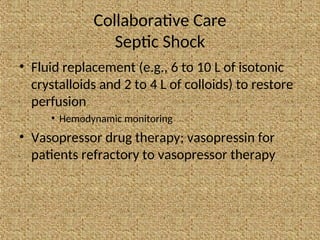 Collaborative Care
Septic Shock
• Fluid replacement (e.g., 6 to 10 L of isotonic
crystalloids and 2 to 4 L of colloids) to restore
perfusion
• Hemodynamic monitoring
• Vasopressor drug therapy; vasopressin for
patients refractory to vasopressor therapy
 