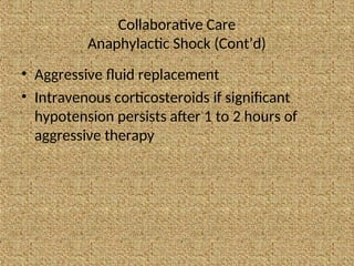 Collaborative Care
Anaphylactic Shock (Cont’d)
• Aggressive fluid replacement
• Intravenous corticosteroids if significant
hypotension persists after 1 to 2 hours of
aggressive therapy
 