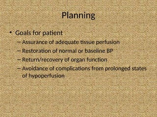 Planning
• Goals for patient
– Assurance of adequate tissue perfusion
– Restoration of normal or baseline BP
– Return/recovery of organ function
– Avoidance of complications from prolonged states
of hypoperfusion
 