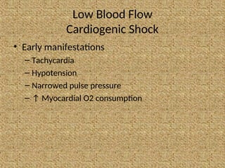 Low Blood Flow
Cardiogenic Shock
• Early manifestations
– Tachycardia
– Hypotension
– Narrowed pulse pressure
– ↑ Myocardial O2 consumption
 