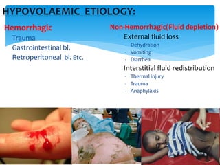 HYPOVOLAEMIC ETIOLOGY:
Hemorrhagic
Trauma
Gastrointestinal bl.
Retroperitoneal bl. Etc.
Non-Hemorrhagic(Fluid depletion)
 External fluid loss
- Dehydration
- Vomiting
- Diarrhea
Interstitial fluid redistribution
- Thermal injury
- Trauma
- Anaphylaxis
 
